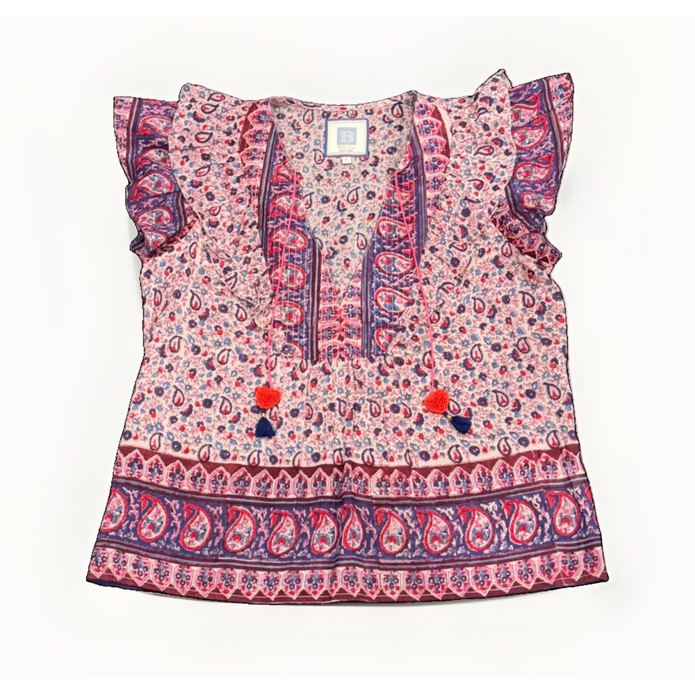 BELL by Alicia Bell Women's Size S Boho Peasant Blouse Paisley Pink Heart Tassel